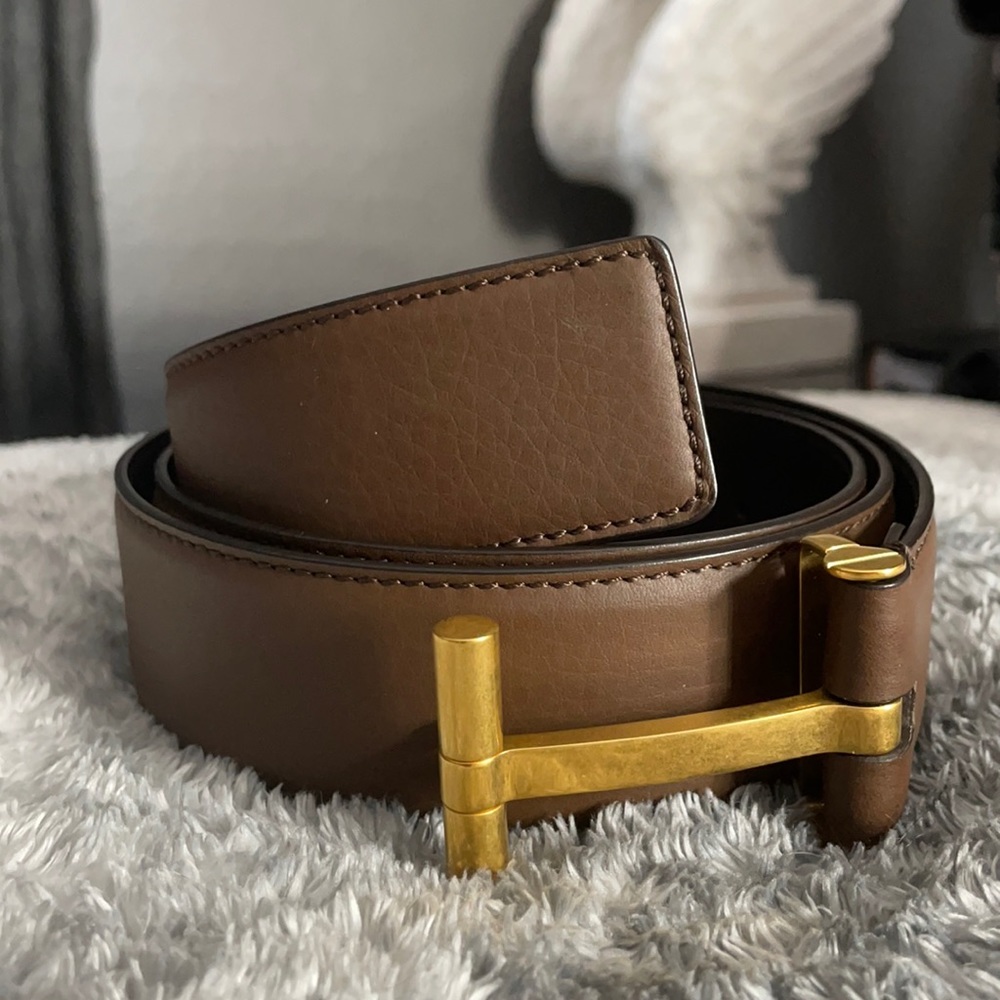 brown tom Ford T buckle belt with gold buckle